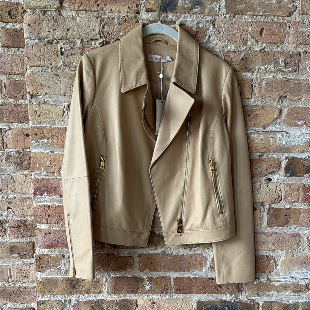 NWT Tory Burch Tan Leather Moto Jacket Asymmetrical Zipper Notched Lapel Size 4